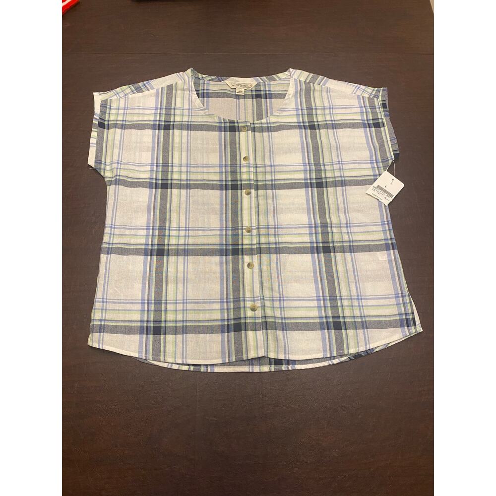 NWT Canyon Guide Outfitters 100% Cotton Button‎ Front Plaid Top (L) Hiking Gorp